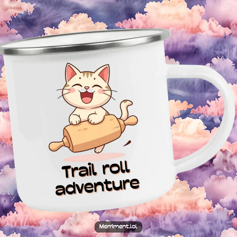 Funny Cat Camping Mug, a cheerful cat with a wide grin, riding a runaway rolling pin, ready for outdoor adventures.