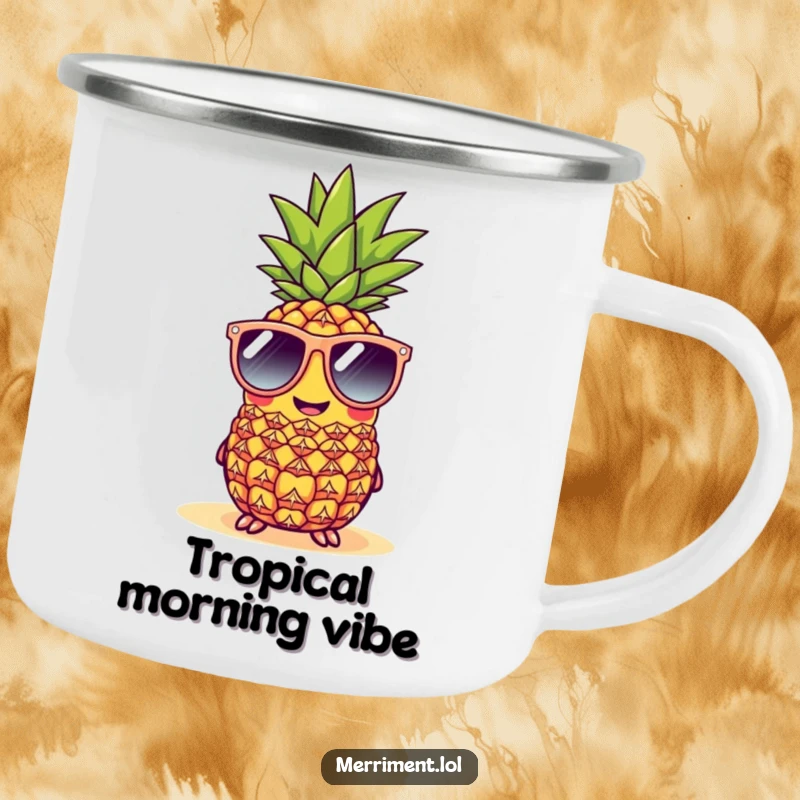 Funny cheerful pineapple enamel camping mug wearing oversized sunglasses at a beach, rugged and humorous tropical ware.