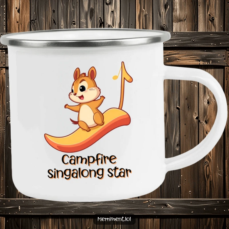 Funny camping mug depicting a chipmunk joyfully sliding down a musical note, designed for music-loving outdoor enthusiasts.