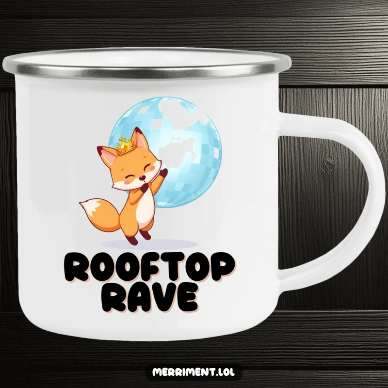 Fox wearing a crown happily bounces a giant shimmering disco ball, on a rugged camping mug.