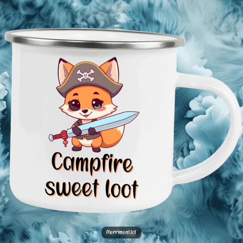 Funny camping mug depicting a curious fox in a pirate hat, wielding a lollipop sword, designed for adventurous campers.