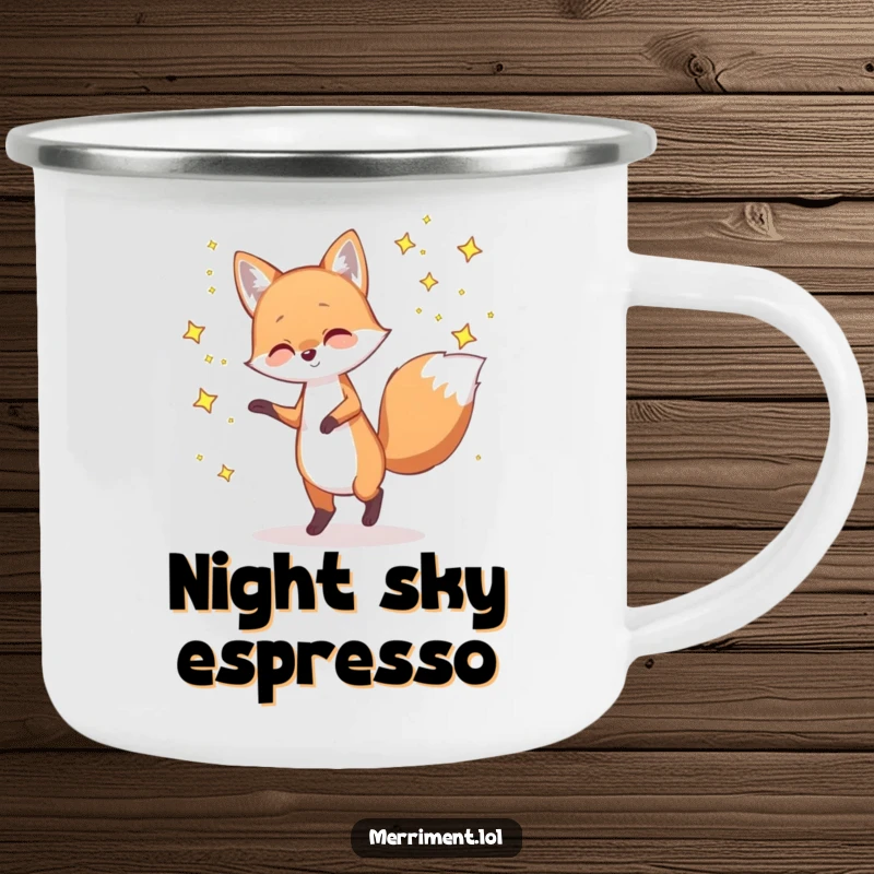 Funny camping mug with a playful fox dancing with tiny, twinkling stars, perfect for enjoying cosmic adventures outdoors.
