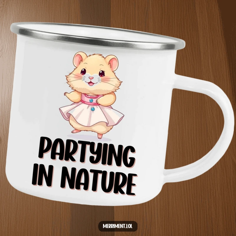 Funny hamster wearing a tiny party dress and twirling happily, a rugged and humorous camping mug for festive outdoors.