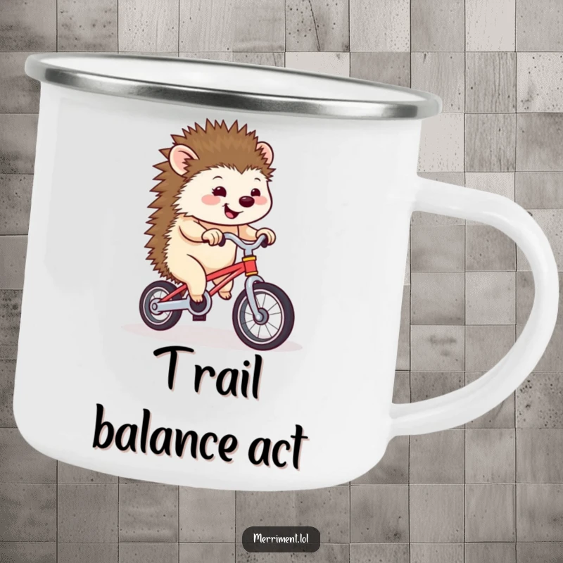 Funny hedgehog wobbling on a tiny unicycle, perfect for humorous outdoor drinks and camping trips.