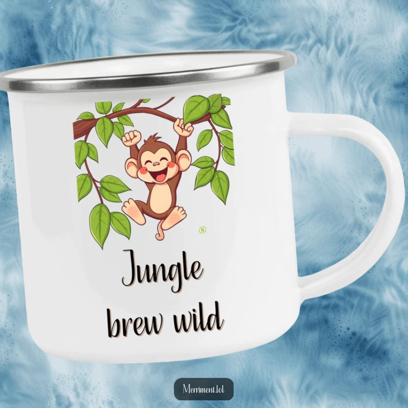 Funny monkey camping mug showing a silly monkey character swinging from a vine with a joyous whoop, perfect for outdoor fun.