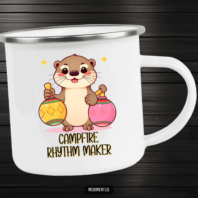 Funny camping mug depicting a playful otter shaking oversized, colorful maracas, designed for cheerful outdoor enthusiasts.