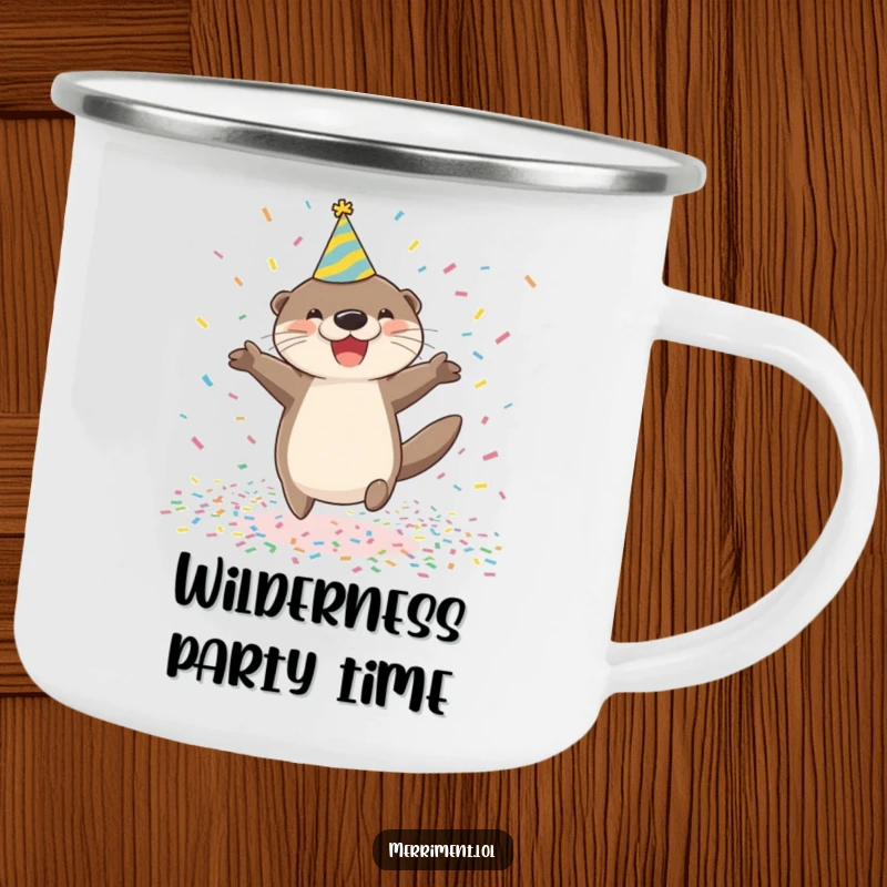 Funny happy otter wearing a party hat jumping in confetti on a camping mug, perfect for humorous and festive outdoor enjoyment.