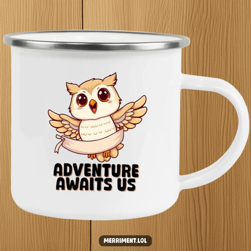 Funny owl camping mug, a joyful owl soaring with a banner, ready for outdoor wisdom and adventures.