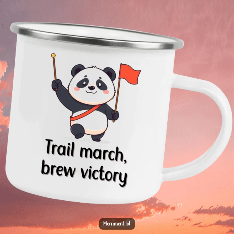 Funny Panda Camping Mug: A determined panda marches with a tiny flag and a proud grin, ready for the outdoors.