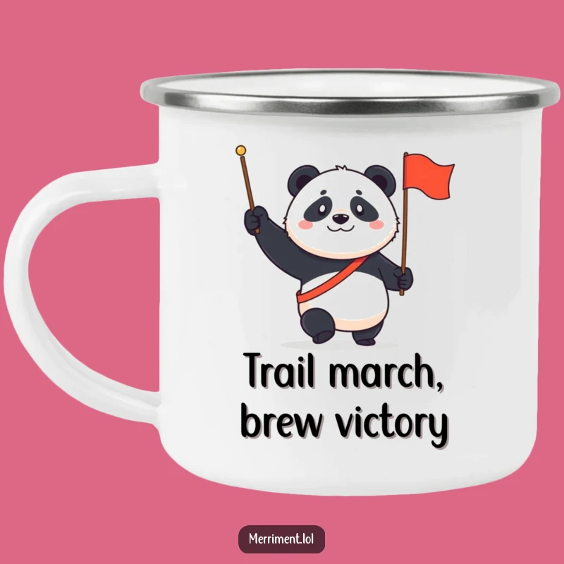 Funny Panda March Camping Mug: Sturdy mug with a determined panda and flag, a rugged funny gift!