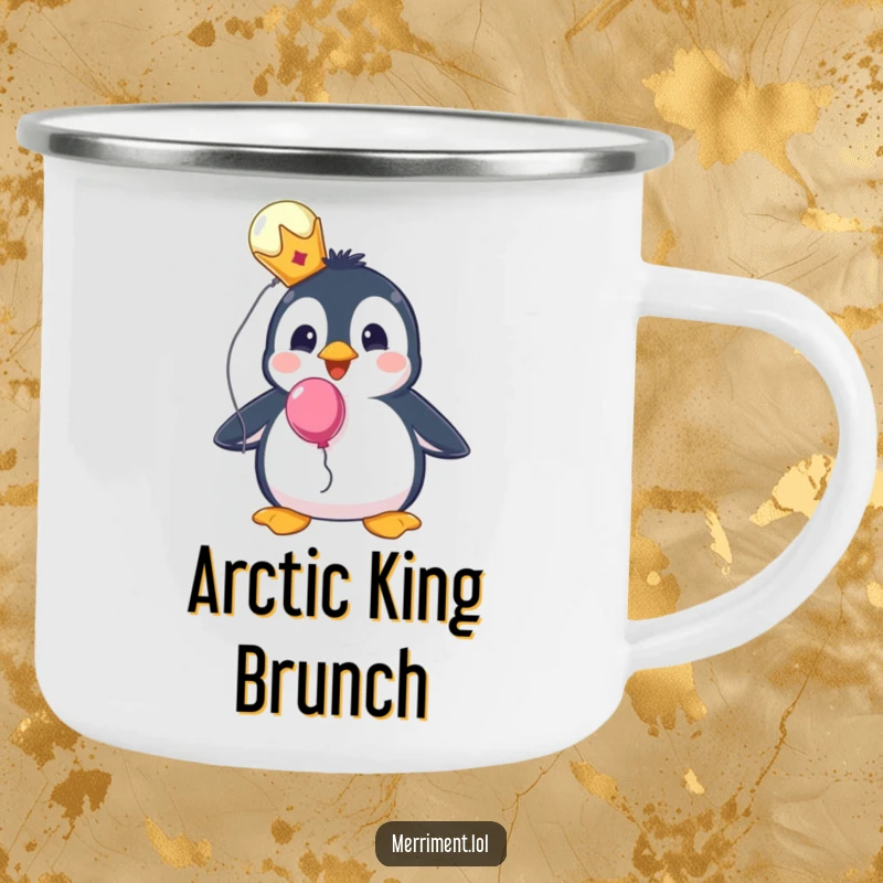 Funny camping mug with a surprised penguin wearing a tiny crown and holding a balloon, perfect for regal adventures.