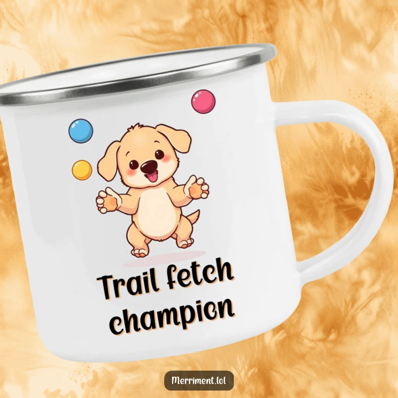 Funny camping mug graphic of a bouncing puppy juggling colorful balls, a humorous scene for outdoor lovers.