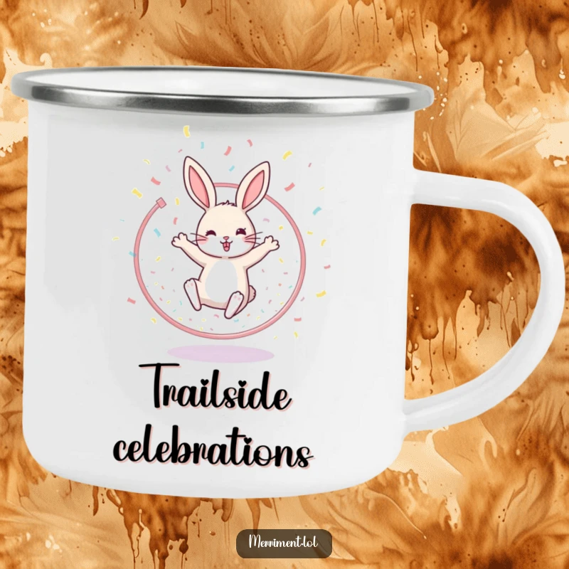 Funny camping mug illustration of a cheerful rabbit leaping through a confetti-filled hoop, perfect for enjoying drinks outdoors.