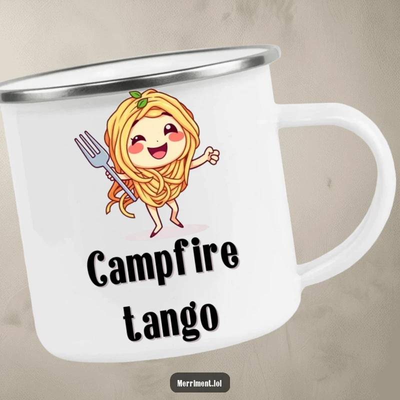 Funny camping mug showing spaghetti character doing a tango with a fork, perfect for cheerful outdoor culinary moments.