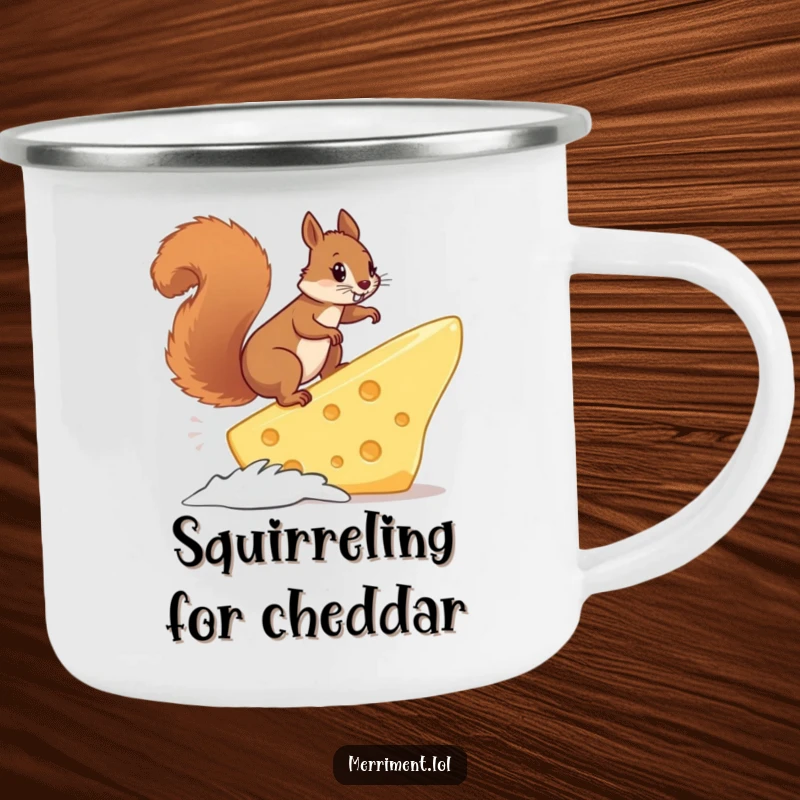 Funny squirrel surfing a giant cheese slice, perfect for hot drinks during outdoor adventures and humorous camping trips.