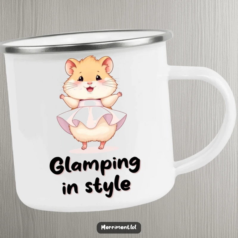 Funny hamster camping mug, a fluffy hamster in a party dress, happily twirling, ready for outdoor celebrations.