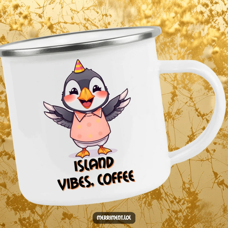 Funny camping mug of a grinning puffin in a bright party shirt, comically wiggling its wings in the wild.
