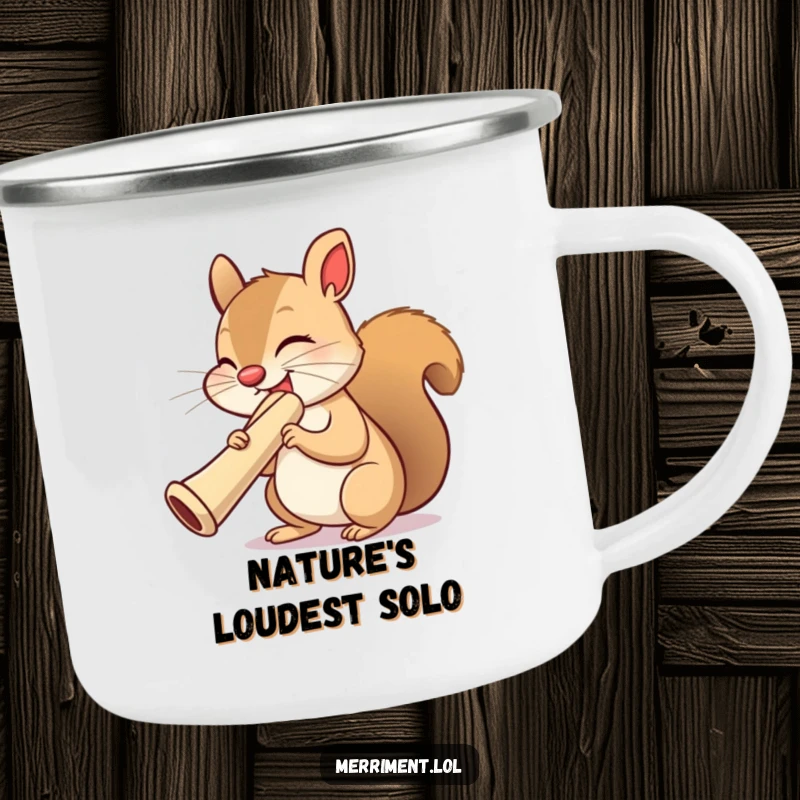 Funny squirrel camping mug, eyes shut in a kazoo solo, playing a huge instrument, perfect for outdoor musical fun.