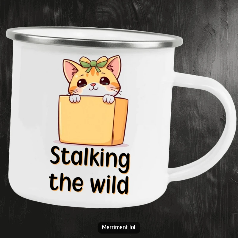 Funny curious cat camping mug, a playful kitten peeking from behind a large gift box, ready for outdoor adventures.