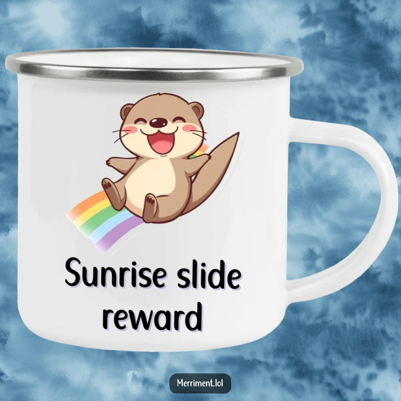 Funny camping mug with a joyful otter sliding down a rainbow, perfect for enjoying colorful adventures outdoors.