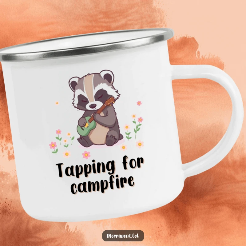 Funny badger camping mug with a determined creature tapping rhythmically to make flowers bloom, durable and magical for adventures.