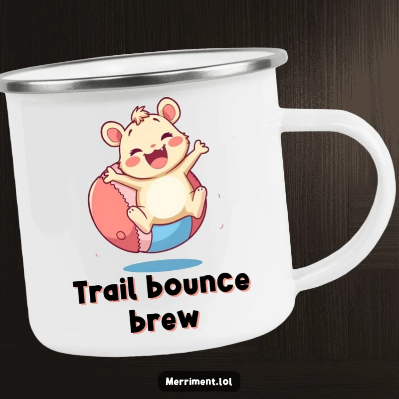 Funny Camping Mug: A merry critter bounces a giant, colorful ball with enthusiasm. Perfect for adventures and a funny gift.