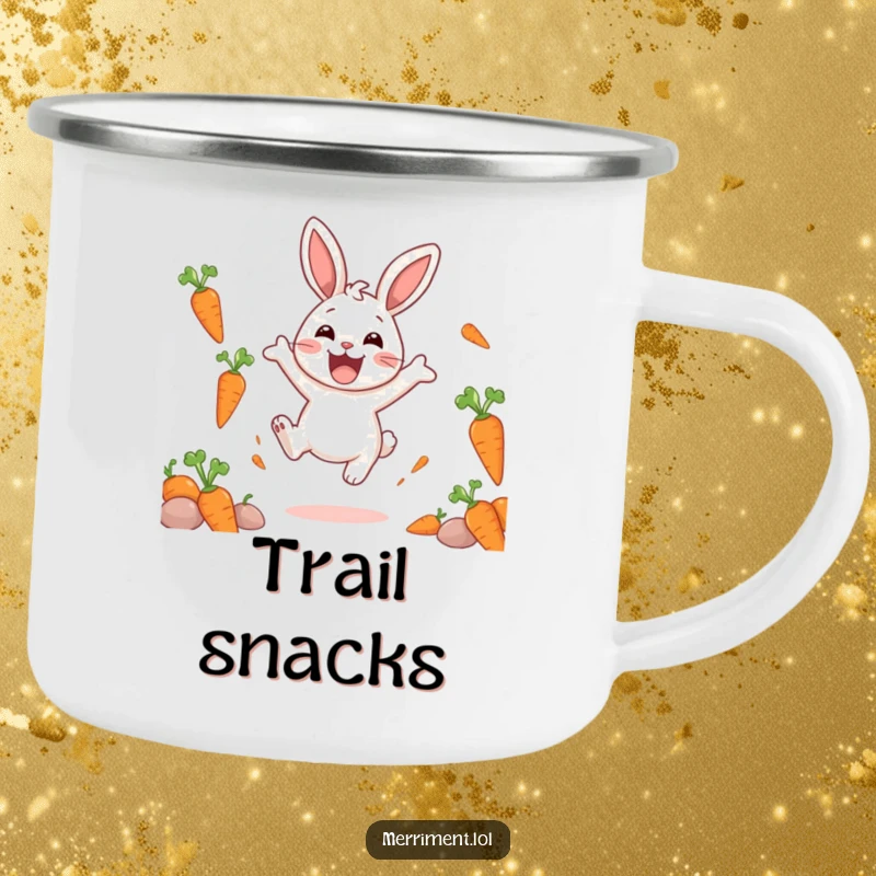Funny camping mug depicting a delighted rabbit character bouncing with excitement, surrounded by floating carrots, perfect for outdoor enjoyment.