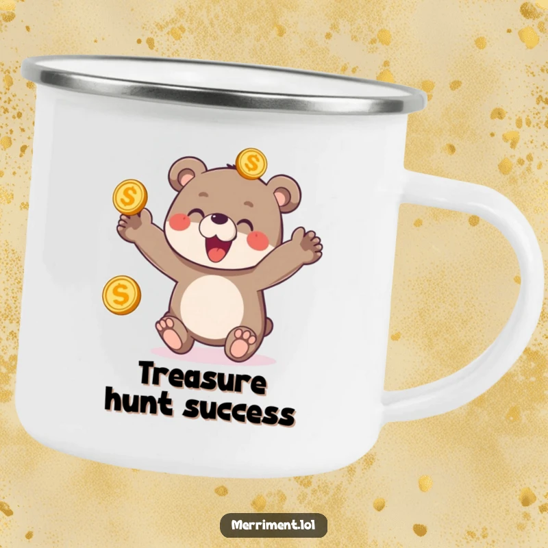 Funny camping mug showing a delighted bear cub enthusiastically juggling three shiny golden coins, perfect for happy outdoor moments.
