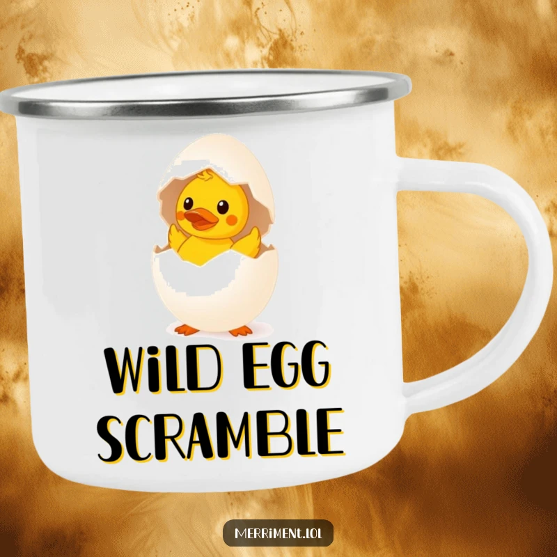 Funny surprised egg enamel camping mug hatching a tiny rubber duck, a whimsical and humorous outdoor mug.