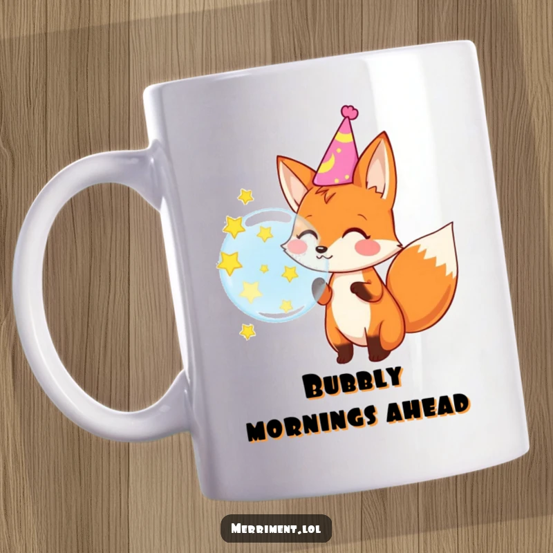 Funny mug with a happy fox in a party hat blowing a giant bubble that bursts into sparkling stars, a whimsical celebration.