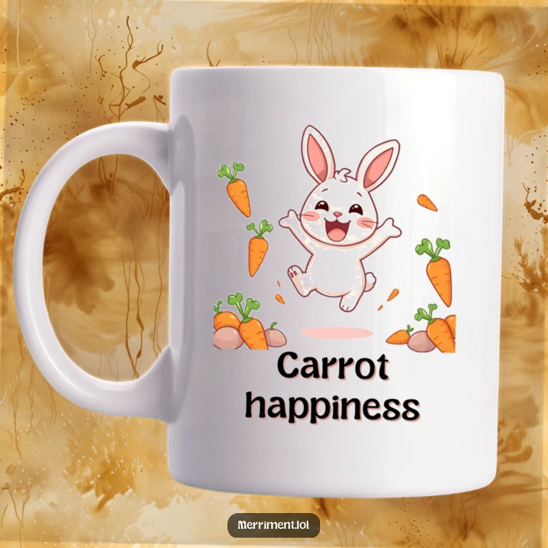 Funny mug featuring a delighted rabbit character joyfully bouncing with excitement, surrounded by a whimsical shower of floating carrots.