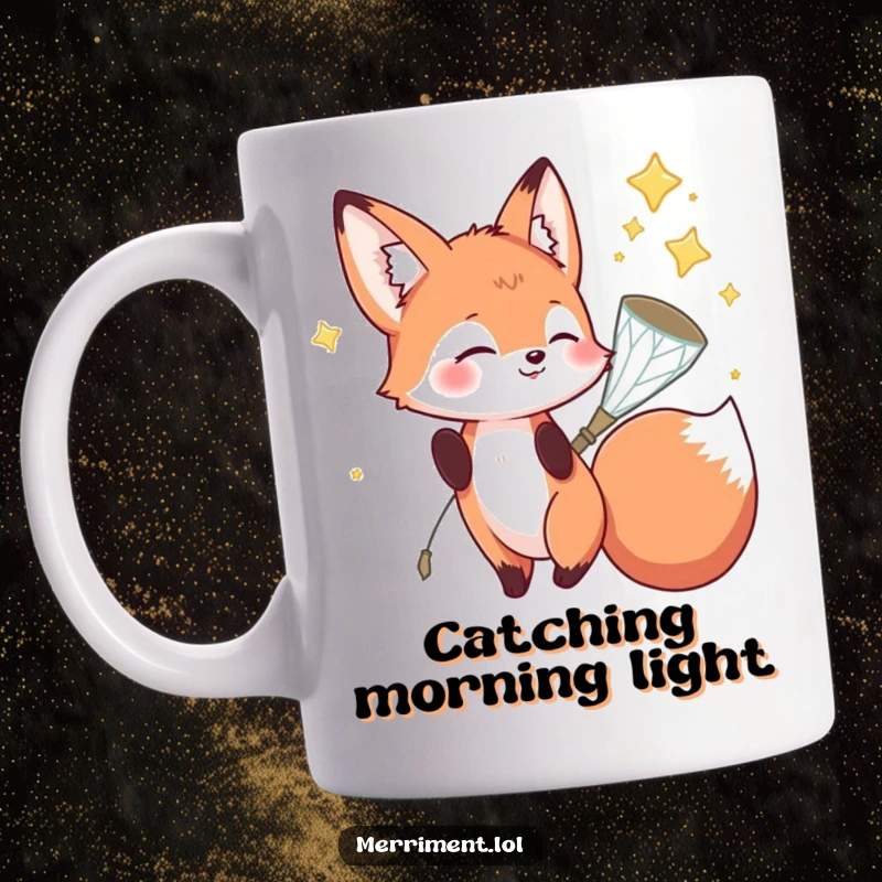 Funny fox mug showing a happy fox character expertly catching twinkling falling stars in a small, sparkling net, a scene of playful magic.