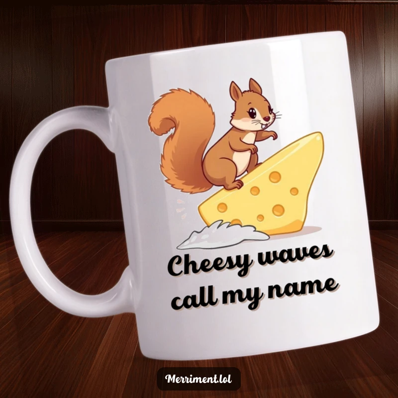 Funny squirrel surfing a giant cheese slice with determination, humorously capturing extreme sports on dairy for a laugh.