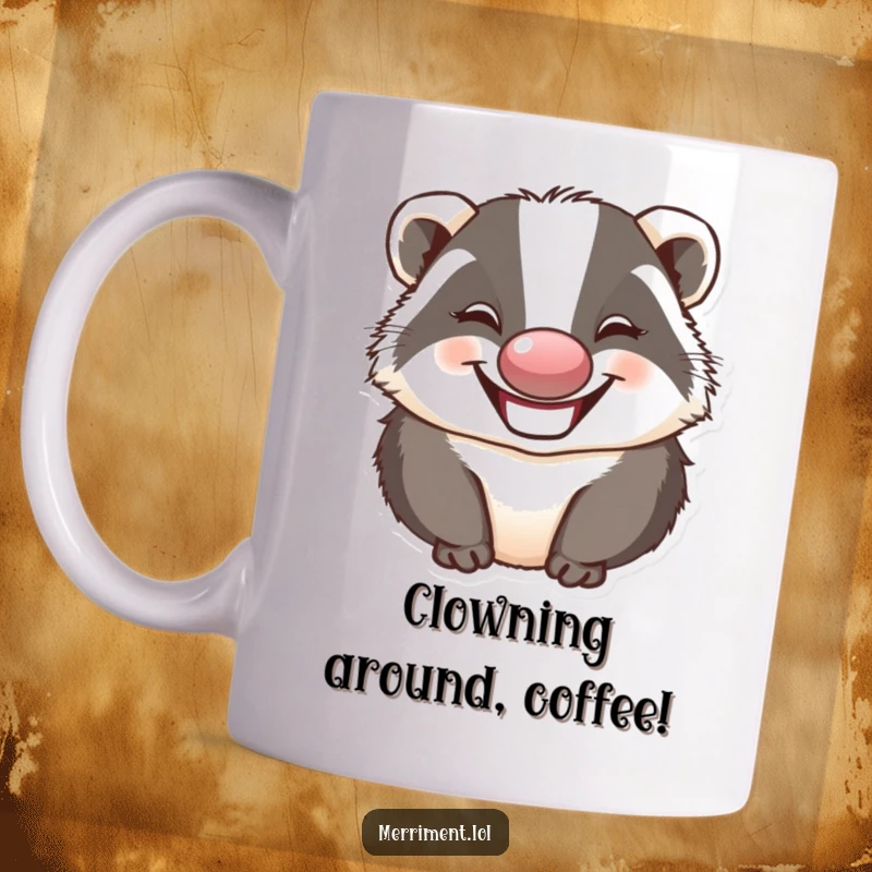 Funny grinning badger wearing a red clown nose and making a goofy face, perfect for a humorous morning coffee.