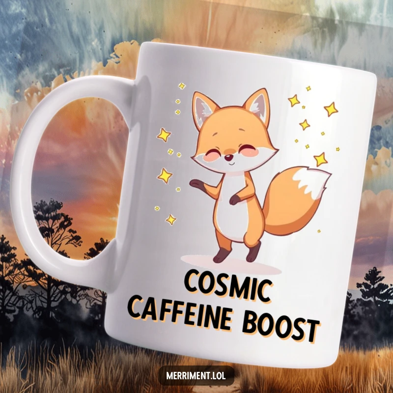 Funny mug features a playful fox dancing joyfully with tiny, twinkling stars, creating a magical and whimsical scene.