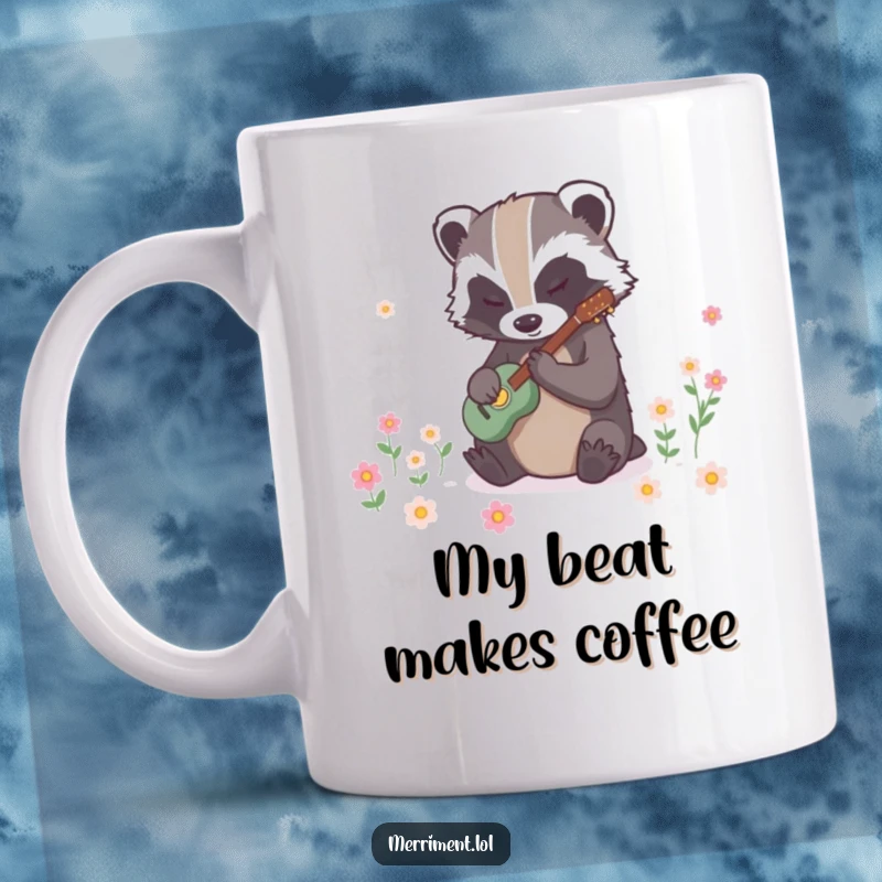 Funny badger mug showing a determined creature tapping rhythmically to make flowers bloom instantly, a cheerful and magical design.