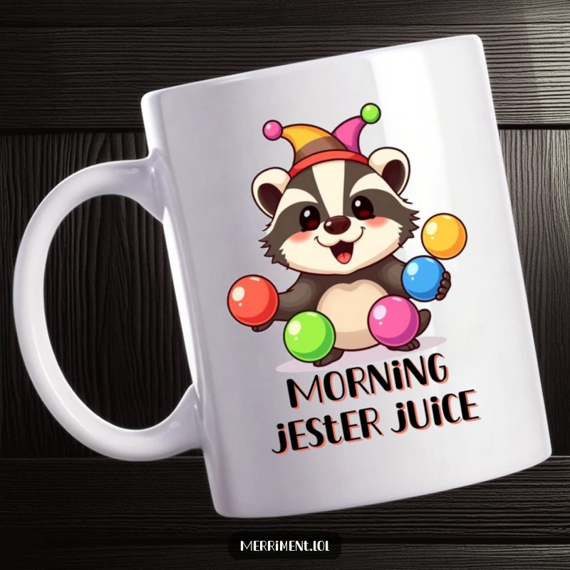 Happy badger wearing a jester hat, juggling rainbow-colored balls with a joyful expression, featured on a mug.