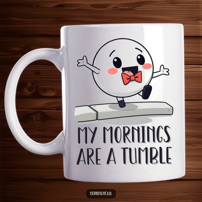 Funny mug showing a distinguished ball in a bowtie dramatically falling off a curb, capturing a moment of comical misfortune.