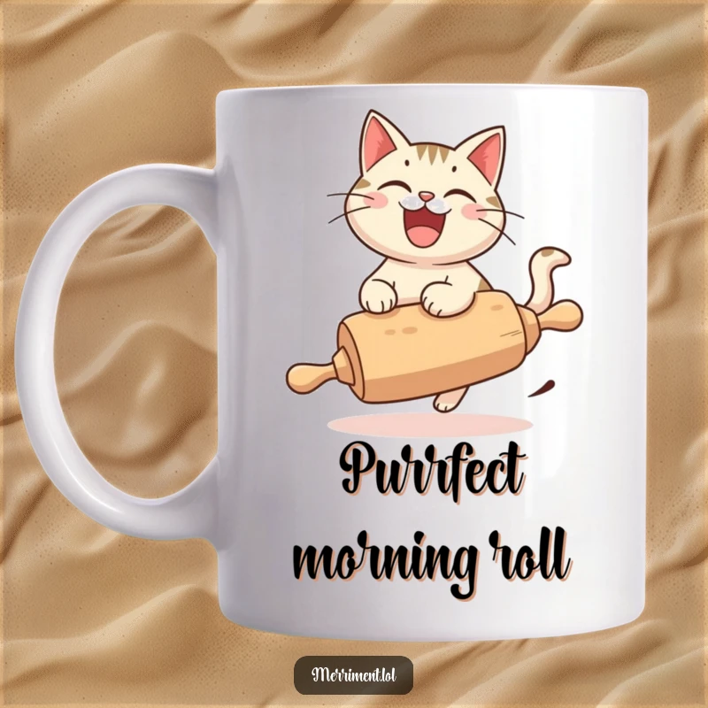Funny Cat Mug, a cheerful cat with a huge grin, riding a runaway rolling pin with pure delight and speed.