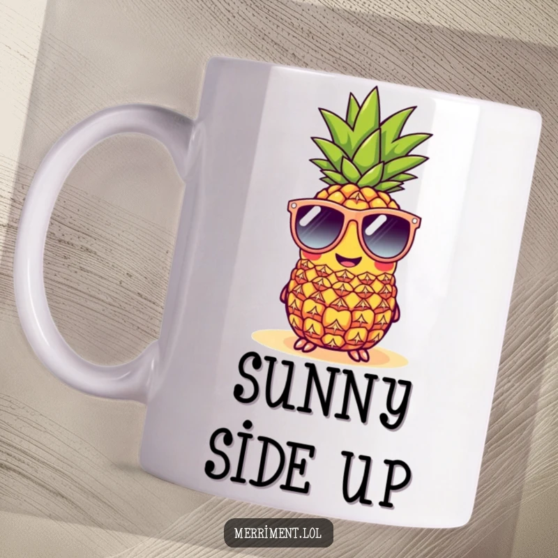 Funny cheerful pineapple mug wearing oversized sunglasses at a beach, bringing tropical and humorous vibes.