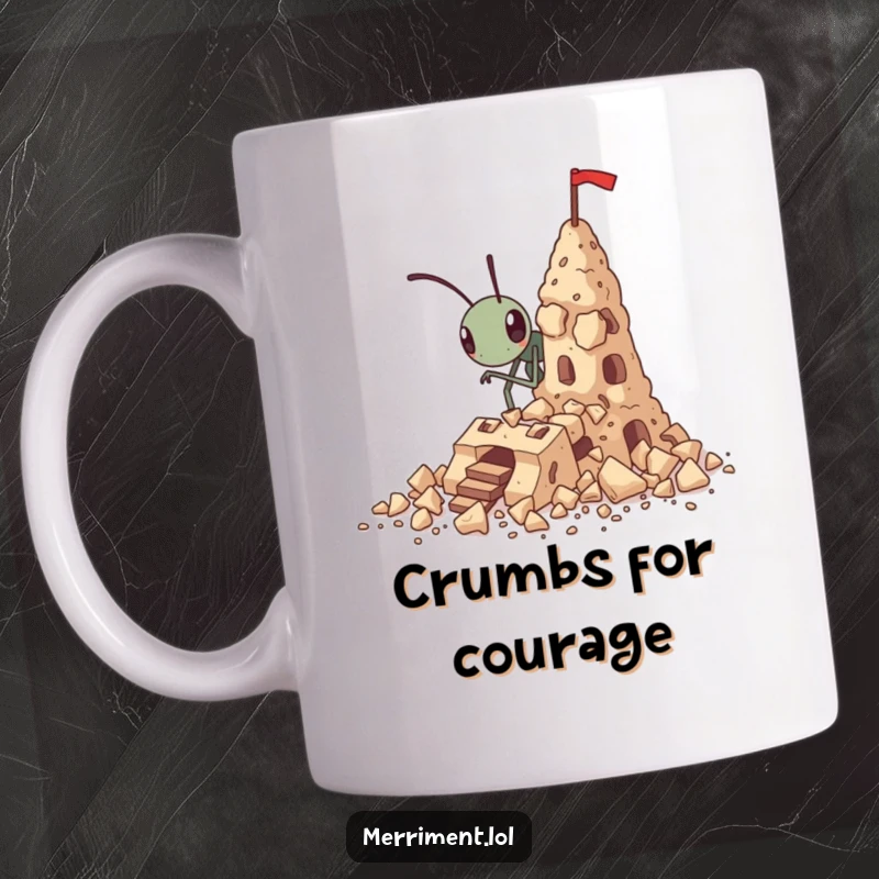 Funny tiny ant mug building a fortress out of crumbs, showcasing determination and humor.