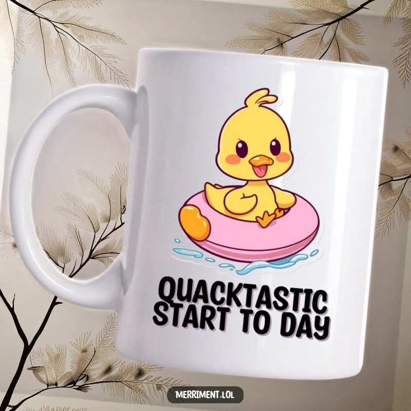 Funny mug featuring a delighted duck joyfully quacking while expertly riding a colorful, bouncy inflatable, radiating pure happiness.