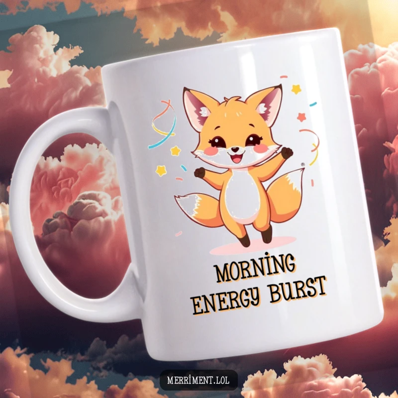 Funny mug featuring a happy fox cub dancing enthusiastically with vibrant, colorful streamers.