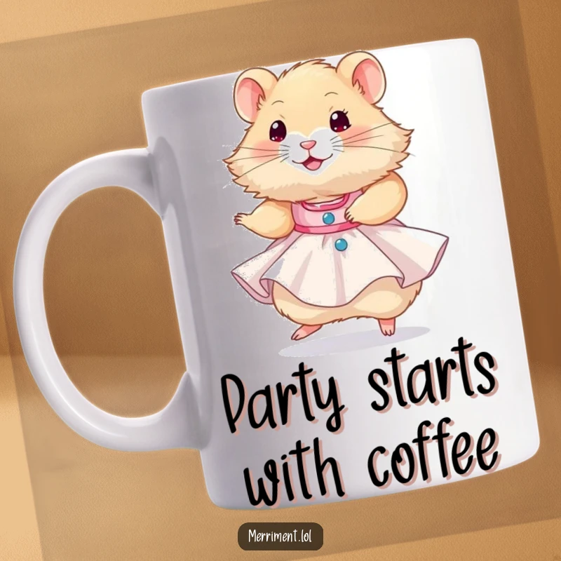 Funny, fluffy hamster wearing a tiny party dress, happily twirling with a joyful expression, a humorous depiction of celebration.