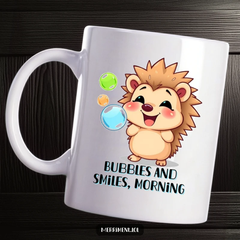 Funny hedgehog mug, beaming with a giant smile, blowing a stream of colorful bubbles, bringing cheerful vibes.