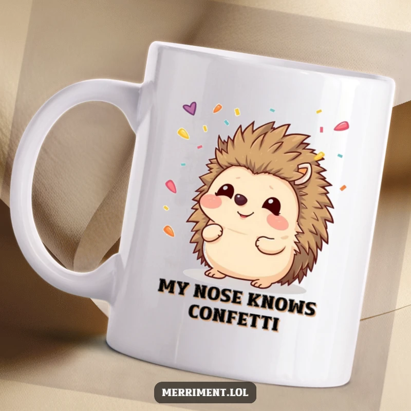 Funny hedgehog mug with a smiling nose catching colorful confetti, perfect for adding humor to your day.