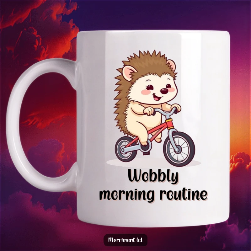 Funny happy hedgehog precariously balancing on a tiny unicycle, pedaling with uncertainty, a humorous sight for any drink.