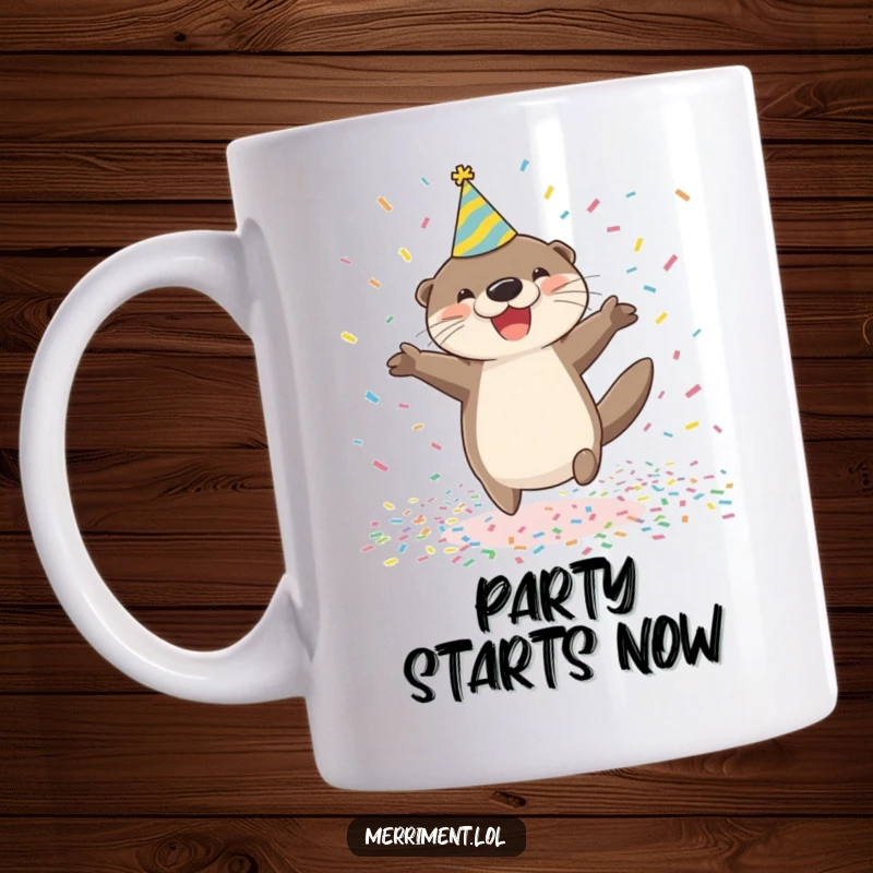 Funny happy otter wearing a party hat jumps joyfully in a pile of confetti on a mug, expressing festive excitement and pure happiness.