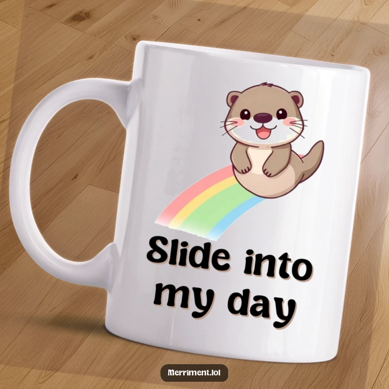 Funny mug featuring a playful otter with a beaming face joyfully sliding down a vibrant rainbow, embodying pure happiness.