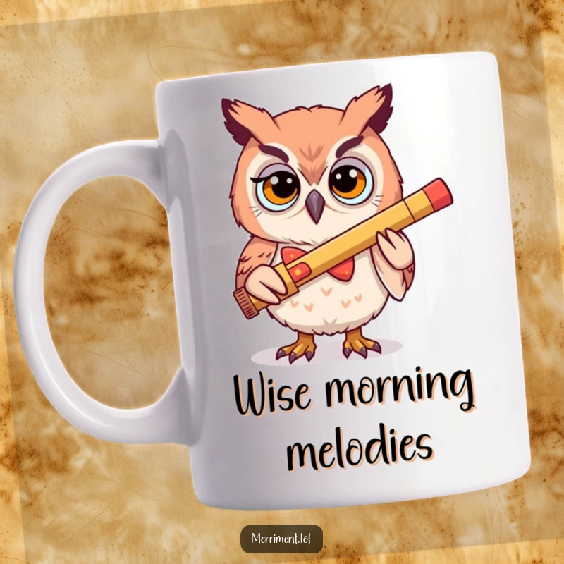 Funny mug illustration of a determined owl in a silly bowtie enthusiastically playing a giant kazoo, creating a comical scene.